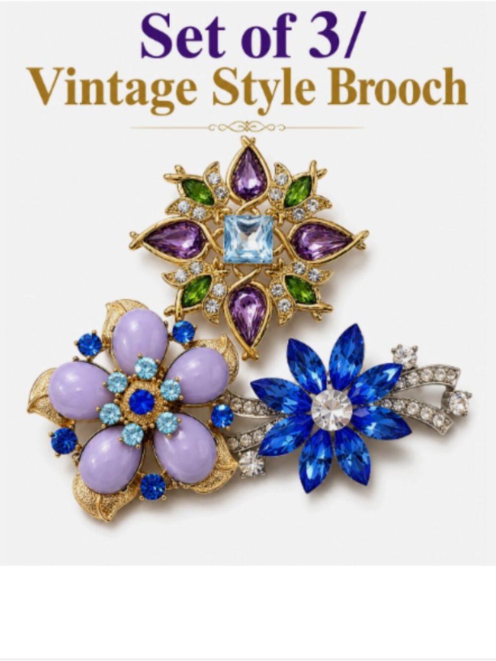 (Set of 3) Purple Vintage Style Cute Flower Floral Blue Brooch Pendant Charm Pin